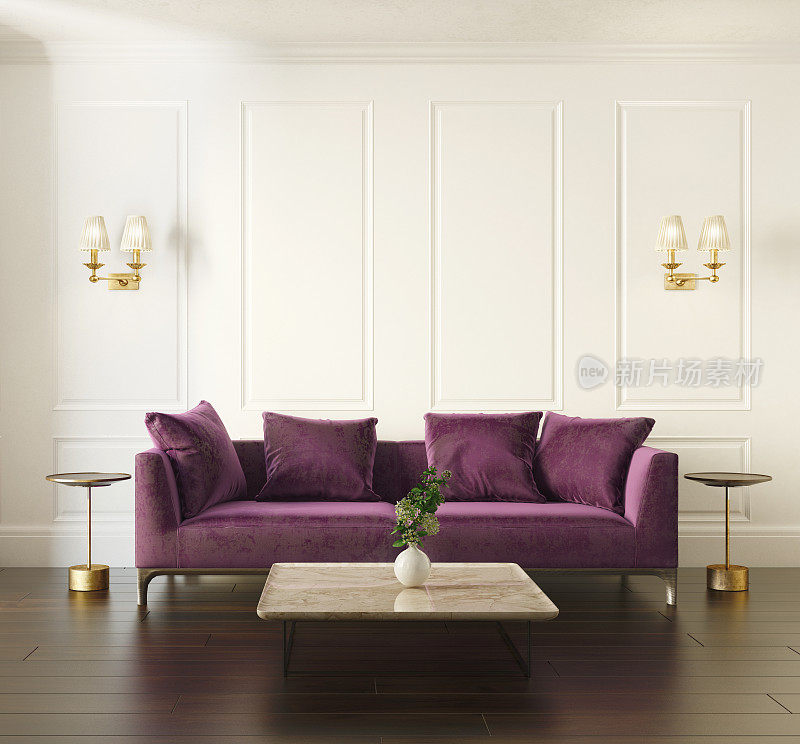 现代别致的古典室内与紫罗兰天鹅绒沙发