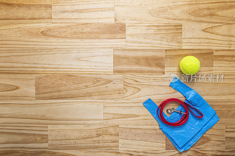 头顶上的一个网球，红色的狗链和大便袋准备走在木桌上