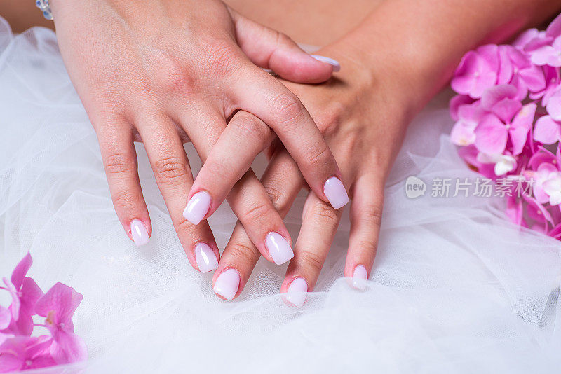 粉红色的指甲捧着粉红色的绣球花靠近