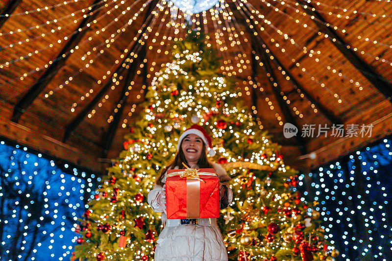 一个女人站在圣诞树前