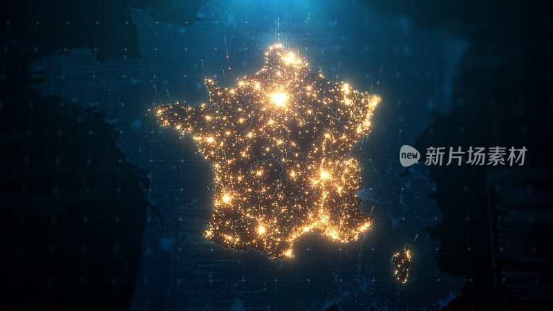 法国城市灯光照明的夜晚地图