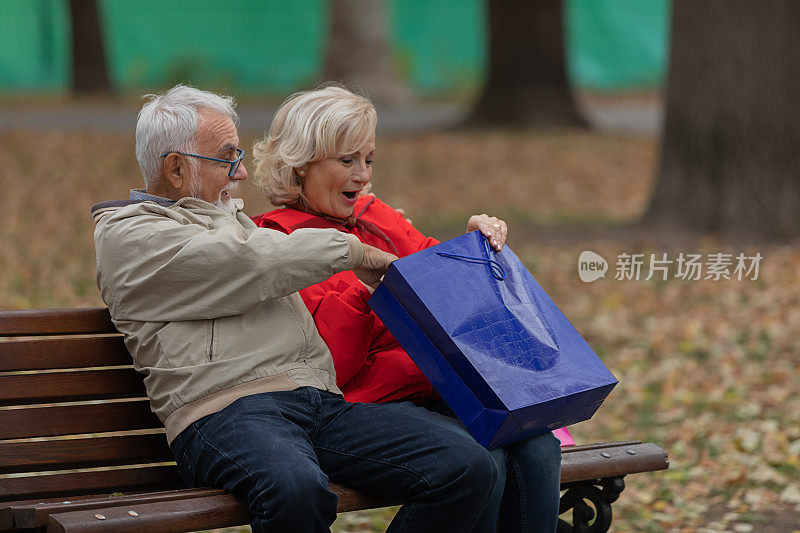 一个快乐的老夫妇在爱谁坐在公园和交换可爱的词肖像。