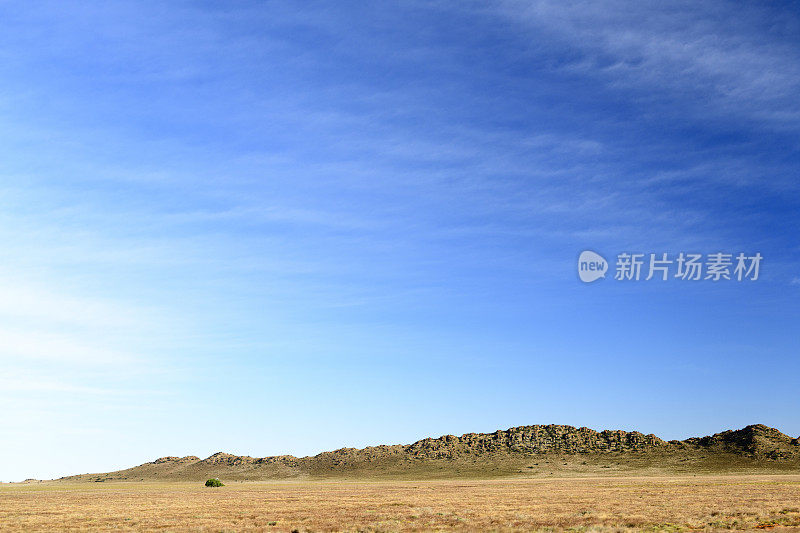 在长满青草的平原上，岩石露出地面，蓝天上飘着柔软的云朵