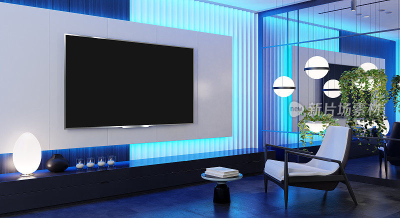 8K电视房现代极简主义客厅与平板电视