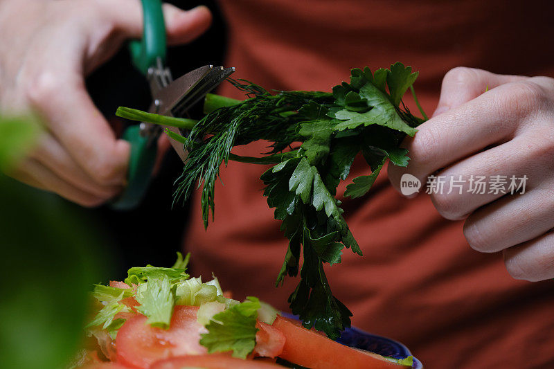 人类的双手正在做新鲜蔬菜沙拉