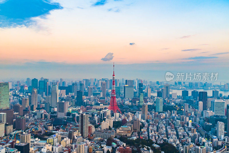 傍晚前俯瞰东京，东京天际线，俯瞰东京夜景