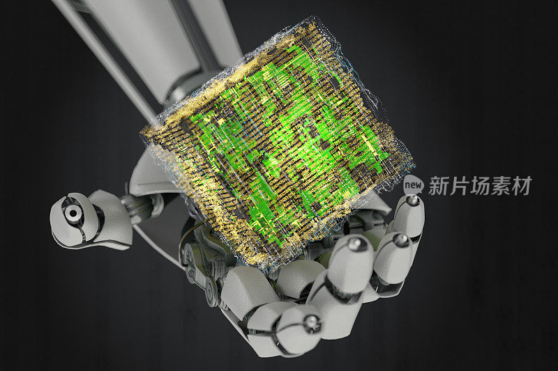 人工智能高科技概念机器人手握一个抽象的发光超立方体
