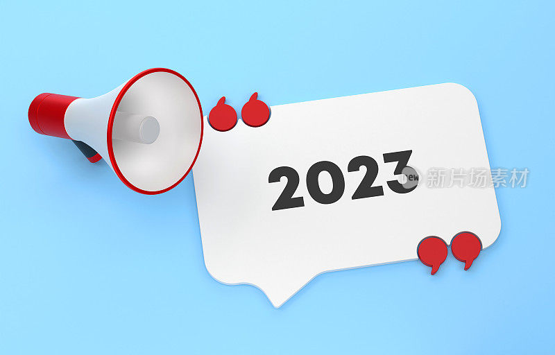 语音气泡和扩音器上写着2023年