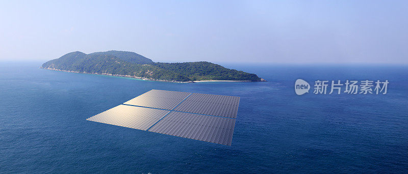 太阳能光伏电站在大坝浮动太阳能电池板筏鸟瞰图太阳能电池水上3d渲染