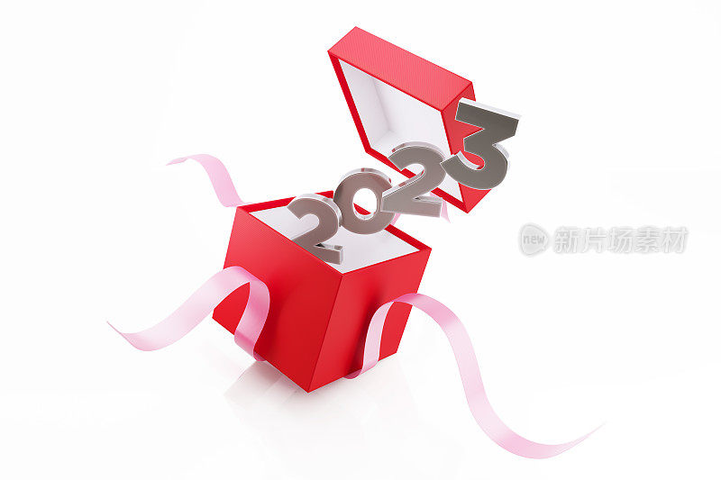 白色背景下，系着粉色丝带的红色礼盒被打开