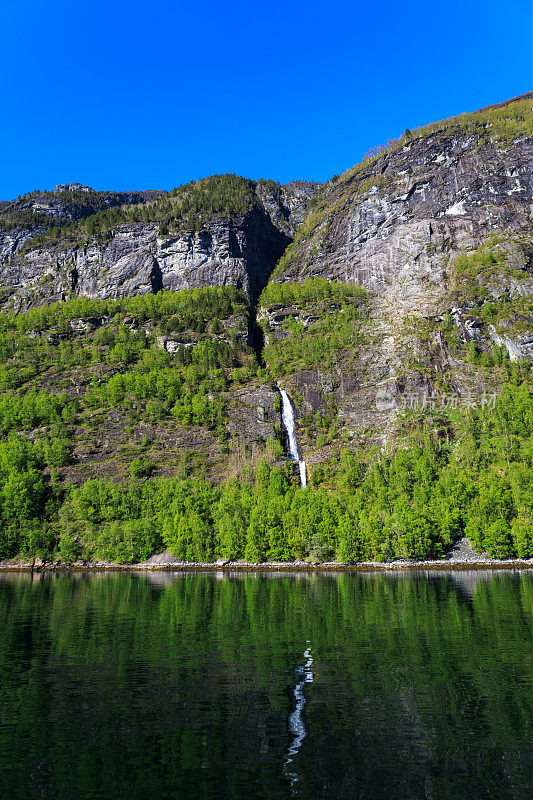 从Geirangerfjord乘船欣赏雪山、树木、瀑布和晴朗的天空