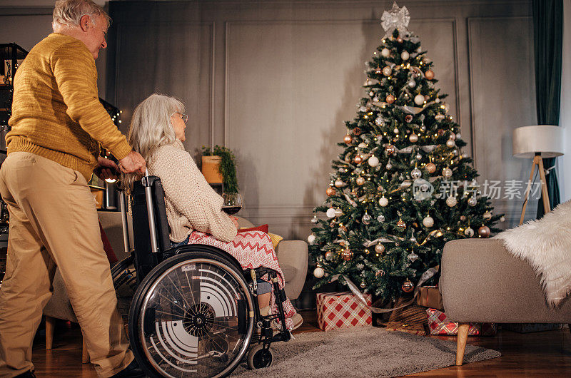 老夫妇在客厅的圣诞树旁