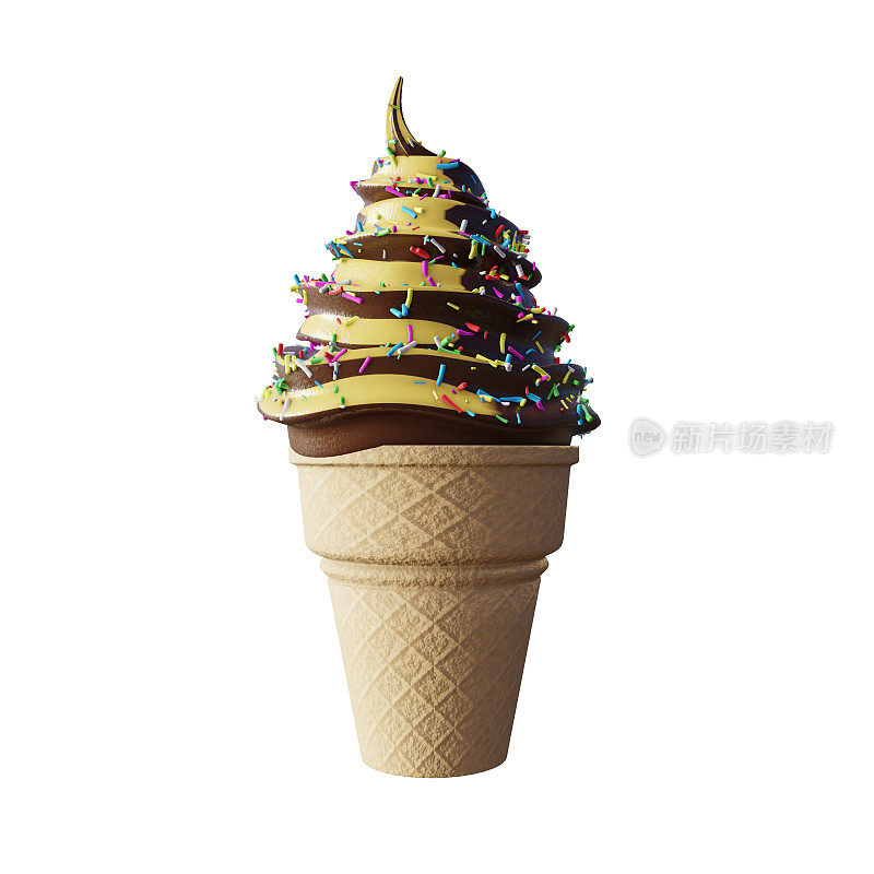 漩涡巧克力香草冰淇淋在一个甜筒。