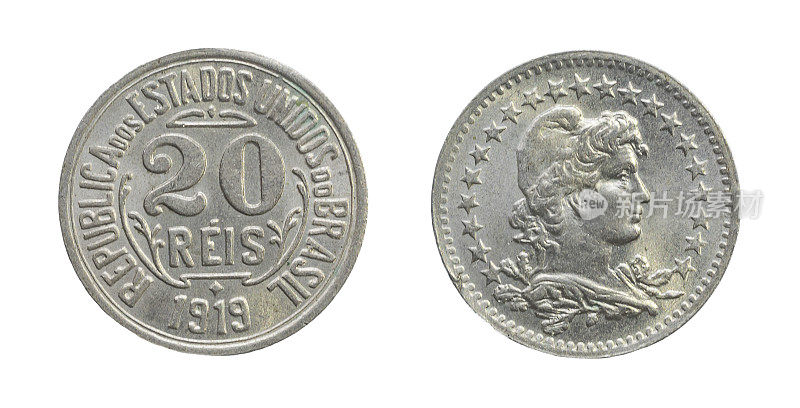 巴西铜镍币20卢比，正面和背面为1919年。戴着象征自由和共和的弗里吉亚帽子的女性形象。21个星州。巴西合众国共和国。