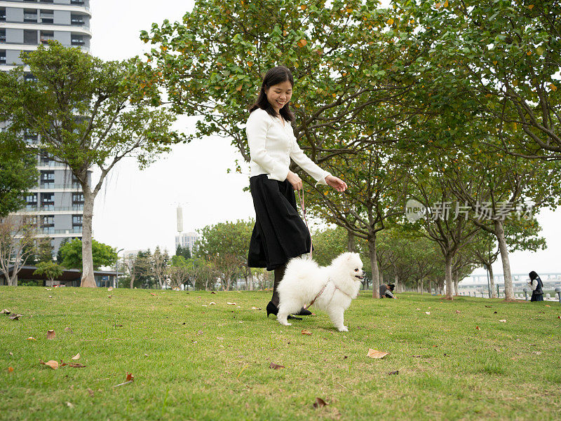 一个女人在和她可爱的小狗玩耍