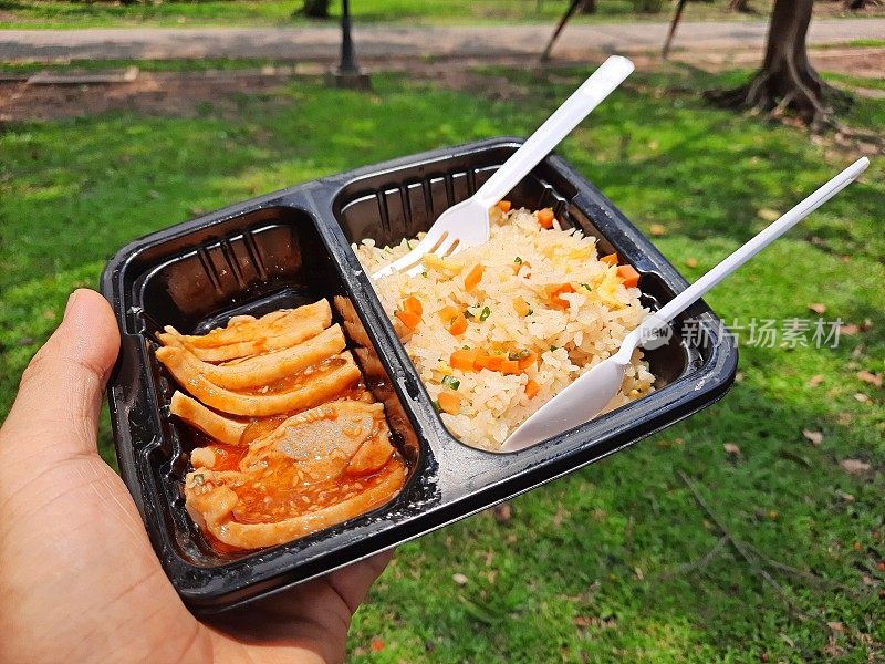 塑料盒焖鸡炒饭。