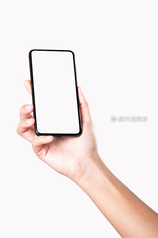 空屏幕智能手机在手隔离白色背景与剪辑路径