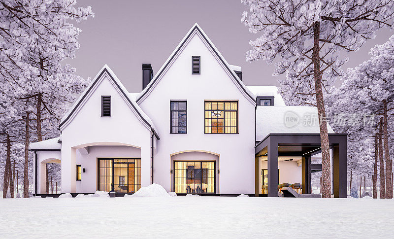 冬季傍晚的黑白现代都铎式房屋3d渲染图