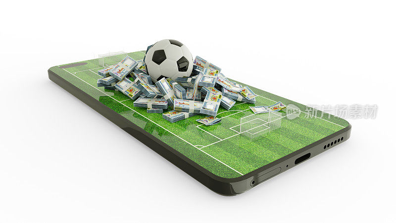 3d渲染手机足球投注。手机屏幕上的足球和缅甸语笔记。足球场上的智能手机屏幕孤立在白色背景。赌赢理念