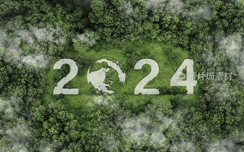 2024年新年理念，可持续环境发展目标，俯览自然。可持续发展目标、ESG、零净值和二氧化碳概念
可持续管理环境可再生能源，拯救世界