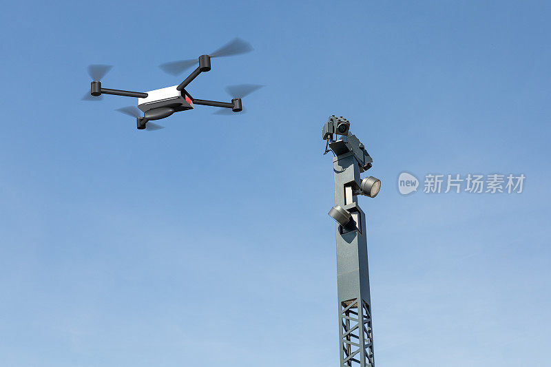 监视无人机和摄像塔的3d插图