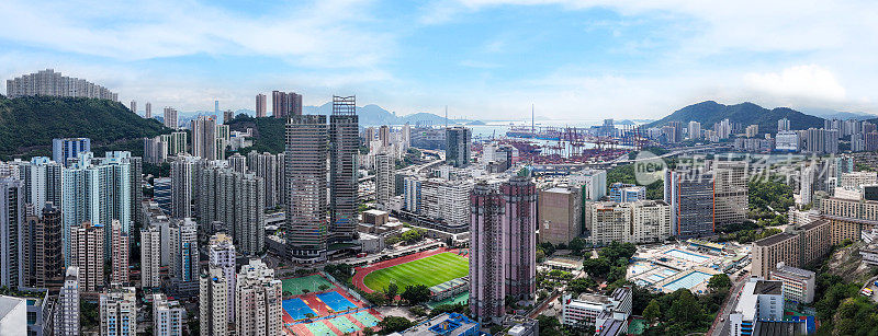 香港葵芳、葵盛区及葵青货柜码头鸟瞰图
