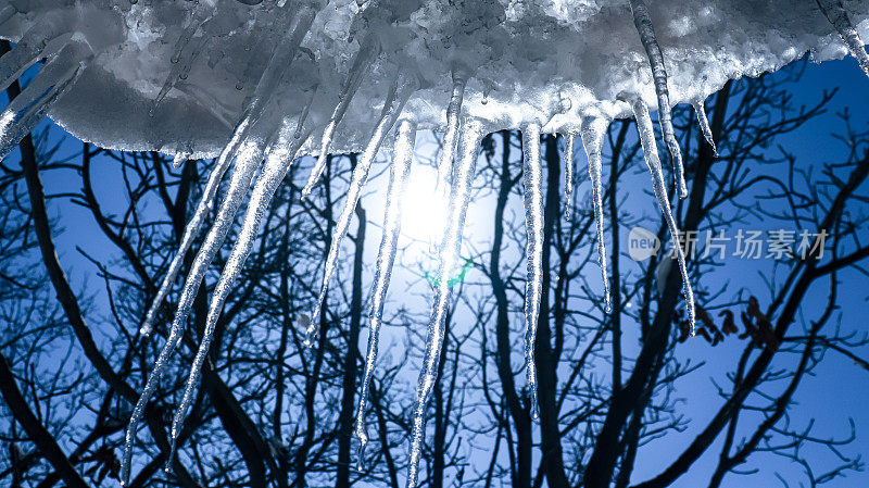 明亮的冰柱悬挂在晴朗的天气和阳光下。冬季概念冰背景