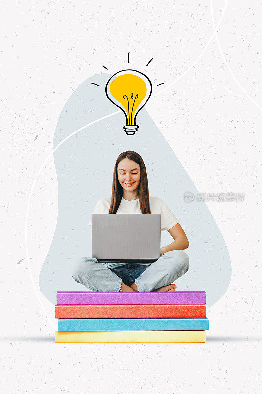 垂直拼贴画，一个女孩坐在书上，头上放着一台笔记本电脑和一个灯泡