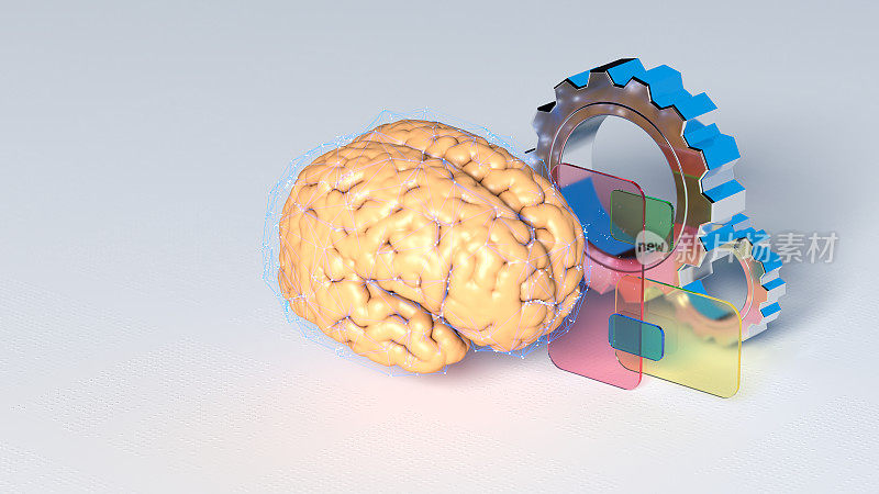 神经网络，带齿轮的数字大脑。人工智能的概念。