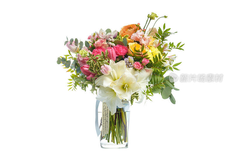 美丽的花束在花瓶孤立的白色