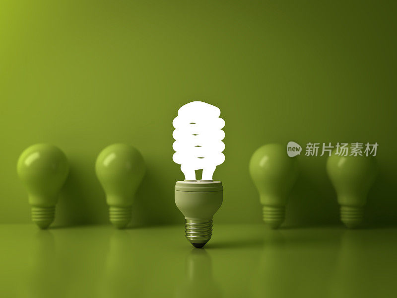 环保节能灯泡，一个发光的紧凑型荧光灯灯泡从未点亮的白炽灯反射在绿色的背景，个性和不同的概念。三维渲染