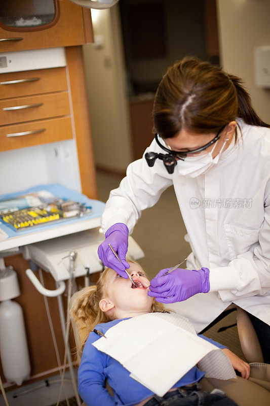 小女孩在牙科诊所接受牙医清洁牙齿