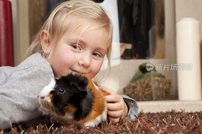快乐的小女孩和豚鼠