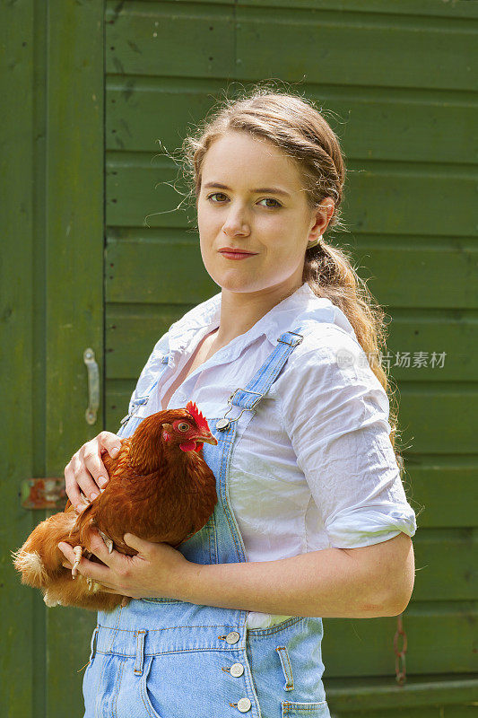 农场女孩抱着一只母鸡