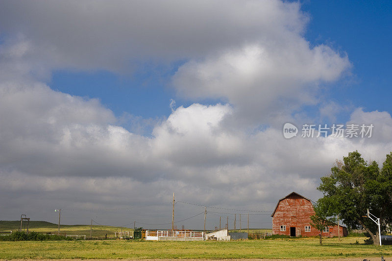 堪萨斯的红色农场谷仓，蓝天白云