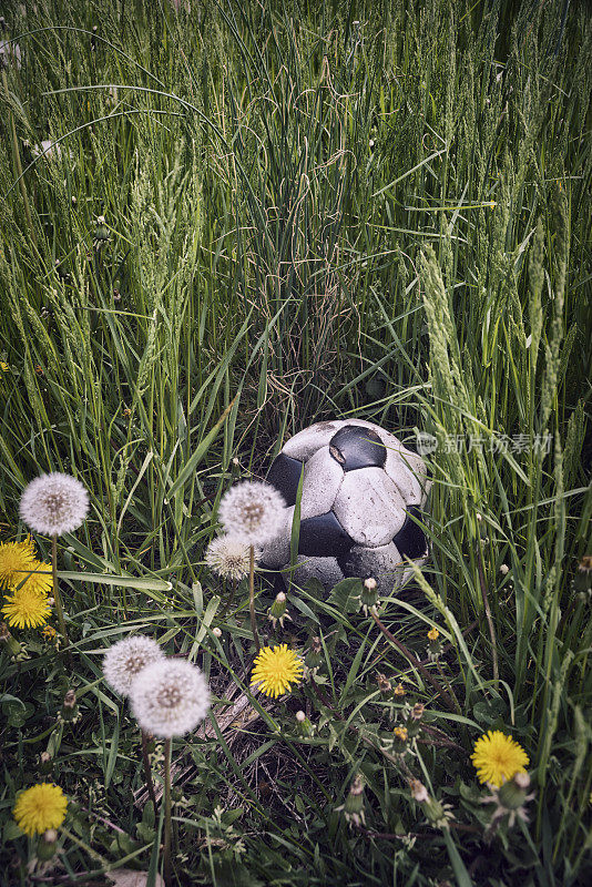 旧的破旧的足球在高草和杂草