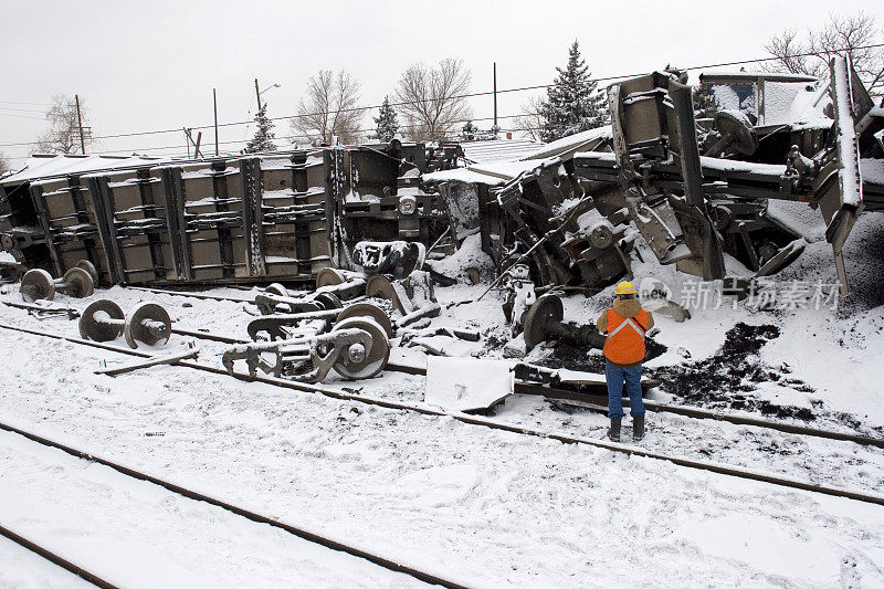 铁路工人在大雪中检查煤车相撞造成的损害