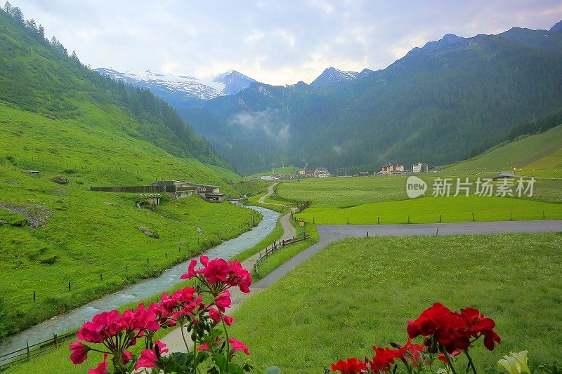 春天的鲜花和阿尔卑斯奥地利村庄，河流和雄伟的齐勒塔尔，蒂罗尔雪山全景和田园诗般的蒂罗尔山谷草甸，奥地利