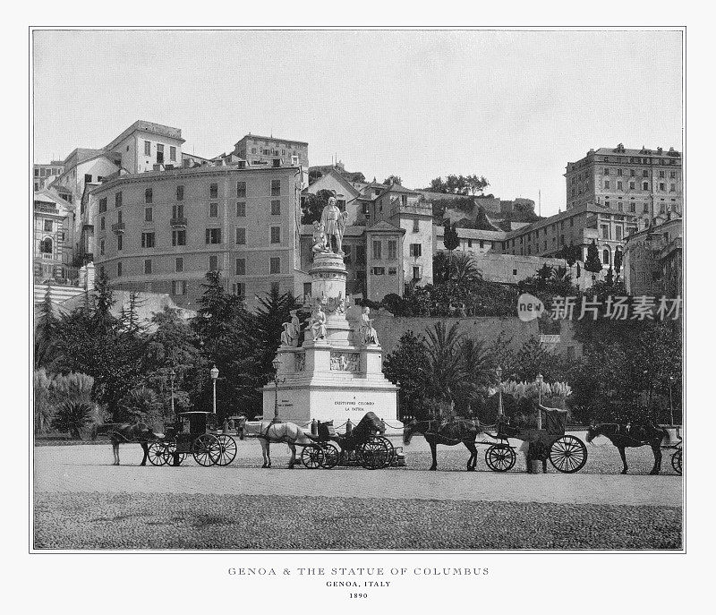 热那亚，意大利，哥伦布雕像，古董意大利照片，1893