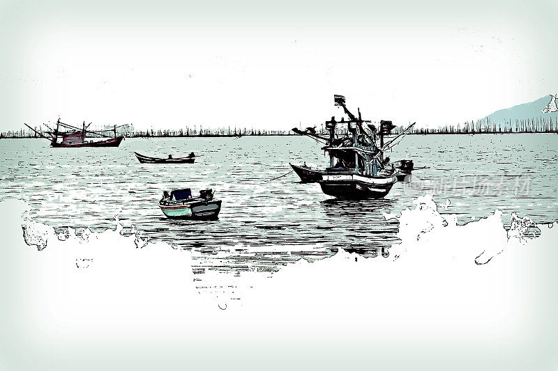 龙船出海捕鱼，渔船以水彩画为背景，以色彩斑斓的飞溅笔触为艺术。