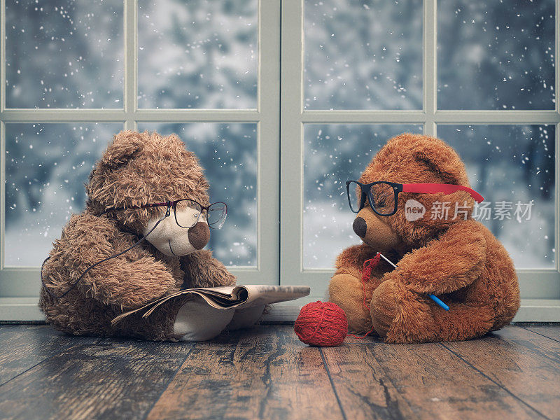 两个玩具熊在看书和编织。作为一个年迈的奶奶和爷爷。窗口。雪落了，冬天