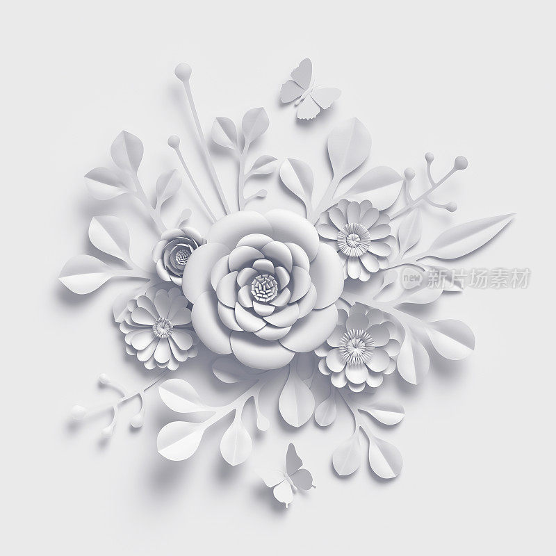 3d渲染，白纸花背景，孤立植物剪辑艺术，圆形新娘花束，婚礼墙装饰，圆形插花