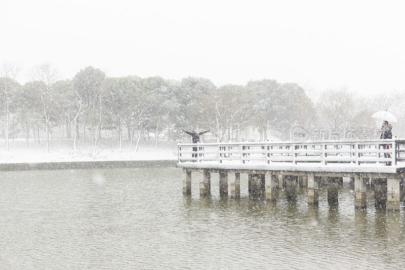 女朋友撑着伞在木桥上，而男朋友在雪地边