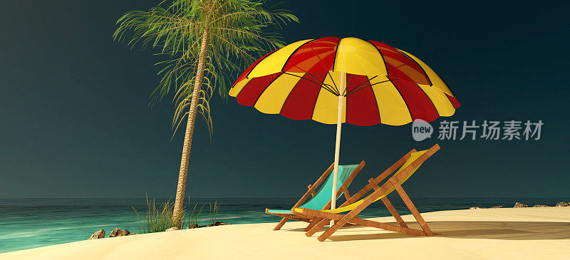 海滩甲板椅子和雨伞