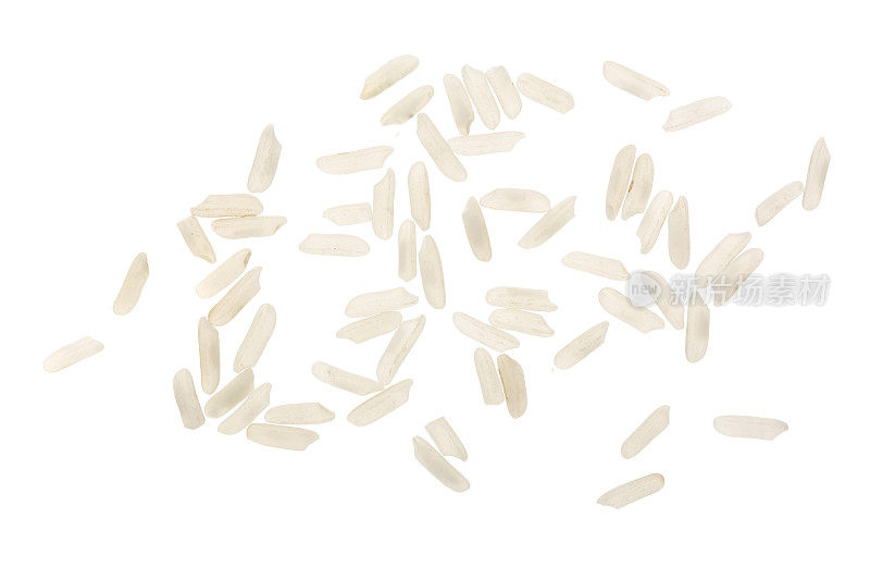 在白色背景上孤立的水稻粒。前视图。平躺