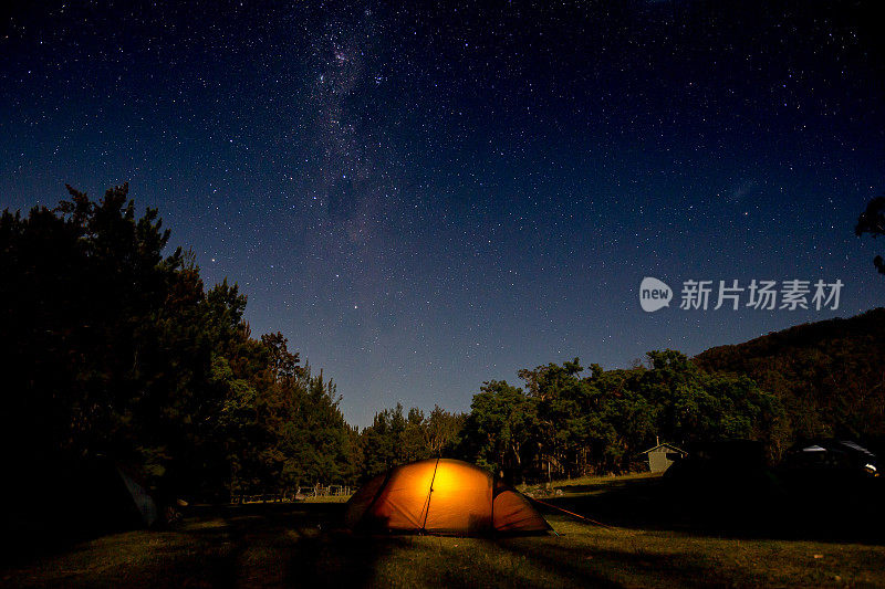 一个橙色的帐篷在充满星星的银河夜空下闪闪发光