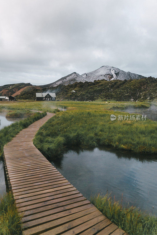 冰岛Landmannalaugar山附近的自然热水浴风景