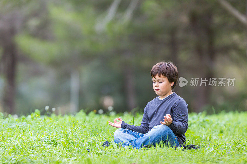 小男孩在绿色草地上沉思