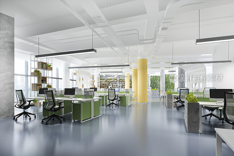 办公大楼的商务会议和工作室三维效果图，绿色和黄色装饰