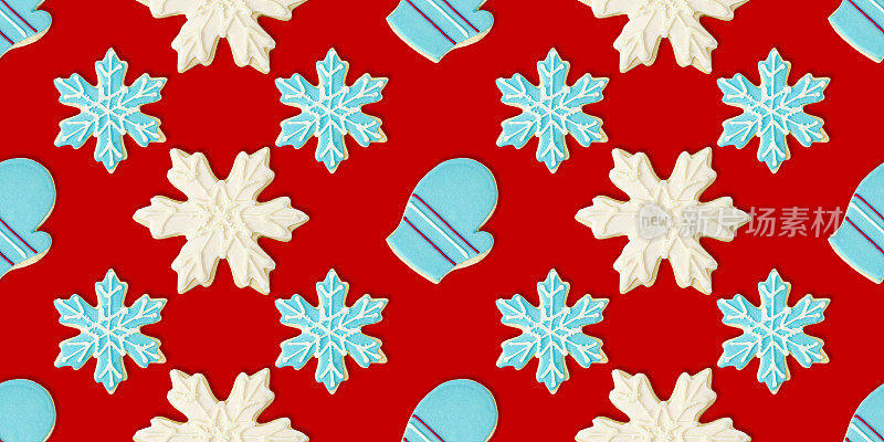 图案:手套，蓝色和白色的雪花:圣诞饼干重复图案背景墙纸